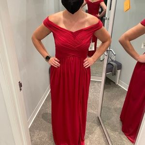 Apple Red David's Bridal Off Shoulder Long Mesh Bridesmaid Dress